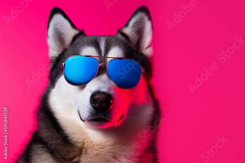 Portrait of a husky dog in sunglasses on pink background close-up, created with Generative AI technology.