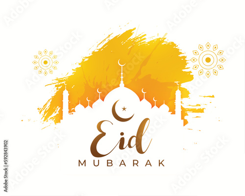 beautiful eid mubarak greeting card with mosque silhouette in grungy style