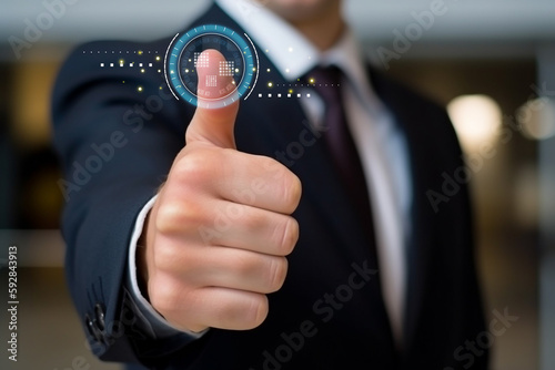 Businessman scan thumb security connect. Person indentified technology. Generative AI illustration photo