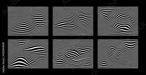 Black and white abstract waves line stripe vector illustration set. Optical art wavy background. Collection of striped lines illusion pattern.