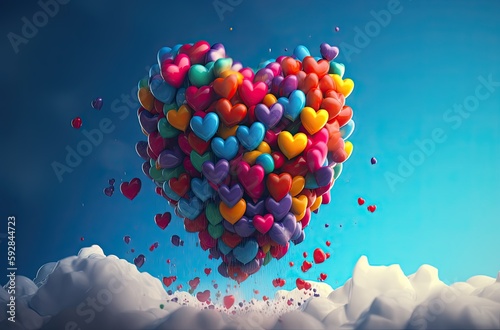 Colorful heart shape balloon with blue sky. Valentine's day background with heart shaped balloons. Generative Ai.