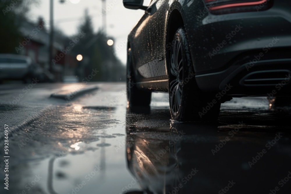 rainwater spraying from car wheels. city road during heavy rain. Generative Ai. Stock