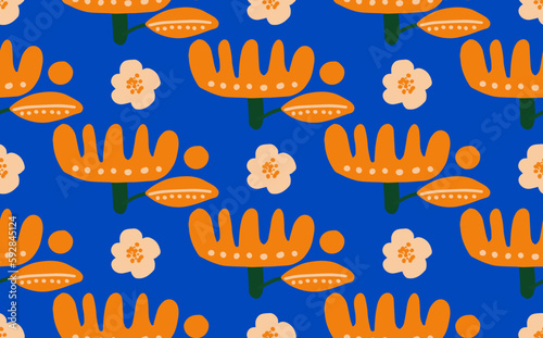 Trendy vector seamless repeating pattern with hand drawn flowers, dots and different shapes on blue background. Background for cover, wallpaper, fabric, clothes, wrapper, case, textile, cards, textile
