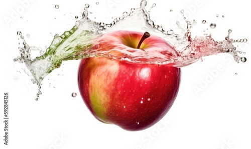 An isolated apple on white is depicted as it hits the surface of the water, causing a cascade of splashes. Creating using generative AI tools