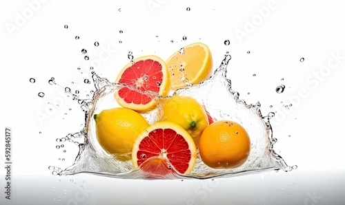 Vibrant fresh fruits with splashes of water on white Creating using generative AI tools