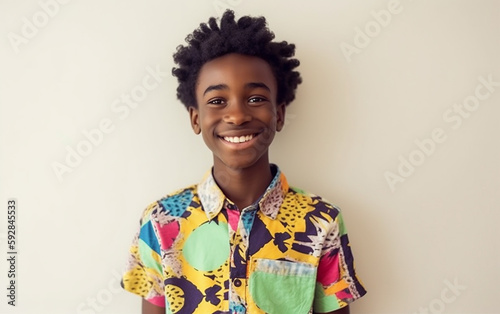 Black dark-skinned african american teenage boy in colorful bright clothes smiling portrait. Generative AI
