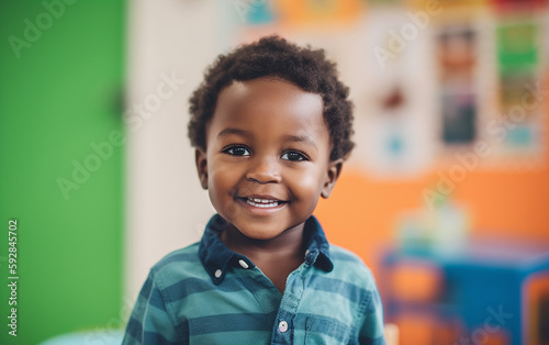 Black dark-skinned african american cute happy smiling boy at nursery or playroom. Generative AI