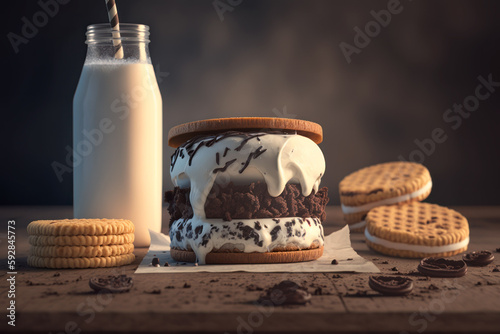 Homemade Chocolate Chip Cookie Ice Cream Sandiwch. Generative AI photo