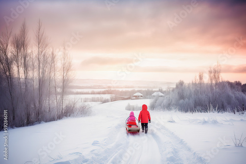 Geschwisterpaar in Winterlandschaft mit Schlitten