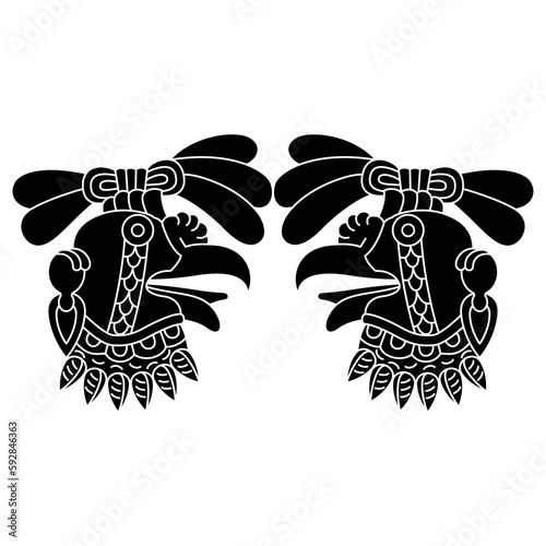 Symmetrical animal design with two heads of a vulture bird or turkey. Ethnic animal design of Aztec Indians from Mexican codex. Black and white negative silhouette.