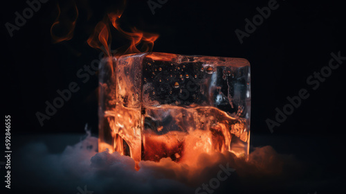 Melting Fire: A Captivating Image of a Burning Ice Cube on a Wooden Table