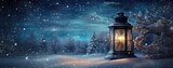 Large vintage white street lamp standing on the snow. Festive Christmas winter decoration. Copy space. Generative Ai.