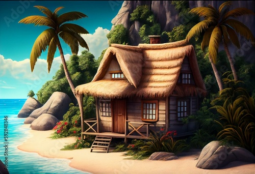A beachside cottage or beach hut. hut, wooden house on heaps, palm palms, and rocks make up an island resort. Cartoon seaside scenery, 2d background, and thatched roofed cottage a. Generative AI photo
