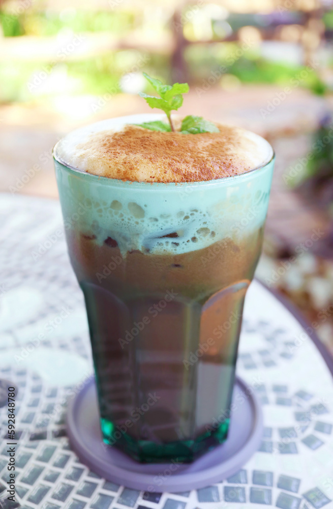 Glass of Iced Mint Cocoa Latte Isolated on Garden Table Glass of Iced Mint Cocoa Latte Isolated on Garden Table