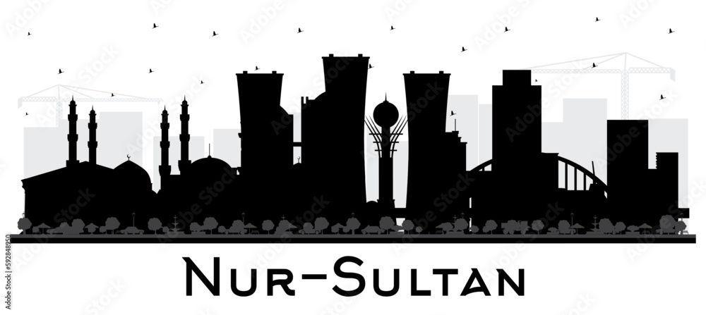Nur-Sultan Kazakhstan City Skyline Silhouette with Black Buildings Isolated on White. Nur-Sultan Cityscape with Landmarks.