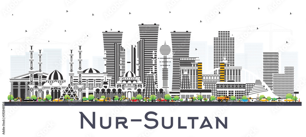 Nur-Sultan Kazakhstan City Skyline with Color Buildings Isolated on White. Nur-Sultan Cityscape with Landmarks.