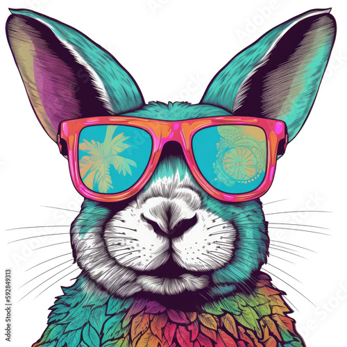 Cute Happy Californian Rabbit, wearing sunglasses T-shirt Vector Illustration,  Printable design for wall art, Poster, mugs, cases, etc.