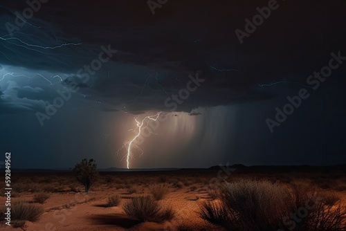 Fotografiet nighttime desert storm with lightning and thunder, bringing dramatic weather to