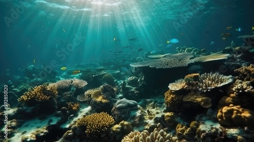 Underwater scene. Coral reef, colorful fish groups and sunny sky shining through clean ocean water. Space underwater for you to fill or just use standalone. High res. Generative Ai