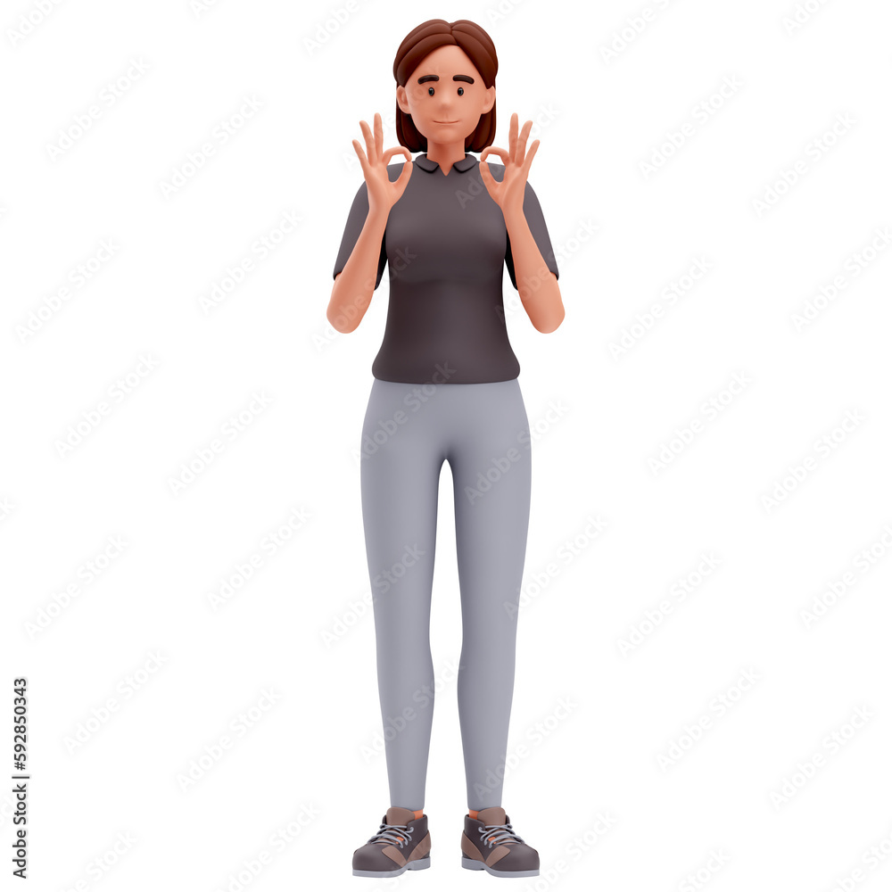 3d Illustration of Cartoon Girl Make Ok Hand Gesture with Both Hand 3d Illustration of Cartoon Girl Make Ok Hand Gesture with Both Hand
