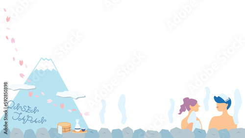 日本の温泉旅行を楽しむカップルのフレーム（春）（フラット）