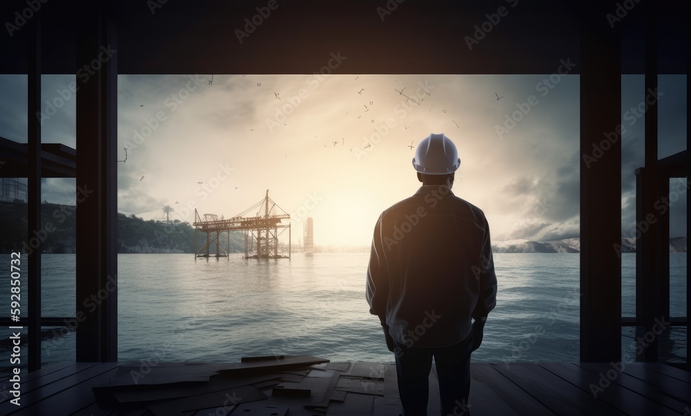 silhouette of engineer in safety hat standing in front of Offshore oil platform station, energy industry. Generative Ai.