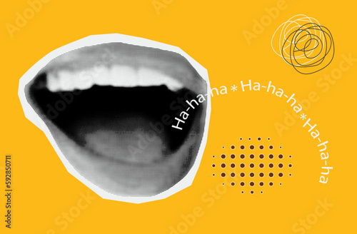 Laughter, halftone collage. Large open female mouth, nervous loud laughter, reaction or human condition. Contemporary vector art. Fun, happy emotion. Cool crazy template, halftone design dotty style.