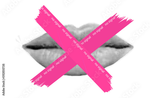 Censorship, halftone collage. Women's lips are sealed with red tape. The concept of no signal, discrimination, disenfranchised, dictatorship. Contemporary art, freedom of speech prohibition, vector. 