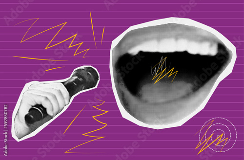 Public speaker, halftone collage. Female mouth with microphone in hand. Interview, news, speech, presentation, discussion or public speaking. Loud voice, cry, song or karaoke. Contemporary art, vector