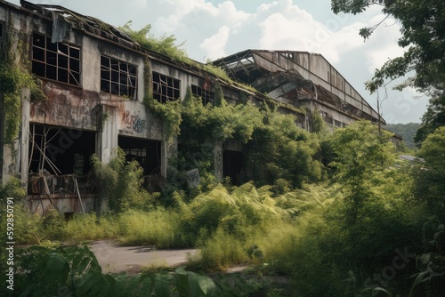 ruined factory with broken windows and collapsed roof, surrounded by overgrown vegetation, created with generative ai photo