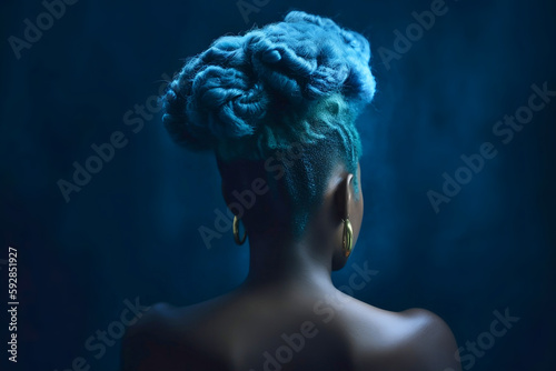 Blue dyed hair in elegant updo style. Generative AI illustration
