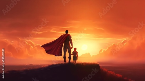 Father's day - illustration of father in superhero costume with his child, Generative ai