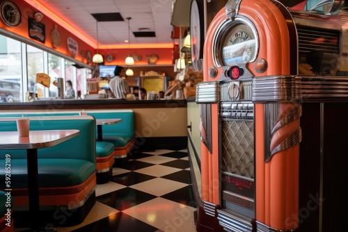 diner with retro design and jukebox in the background, created with generative ai photo