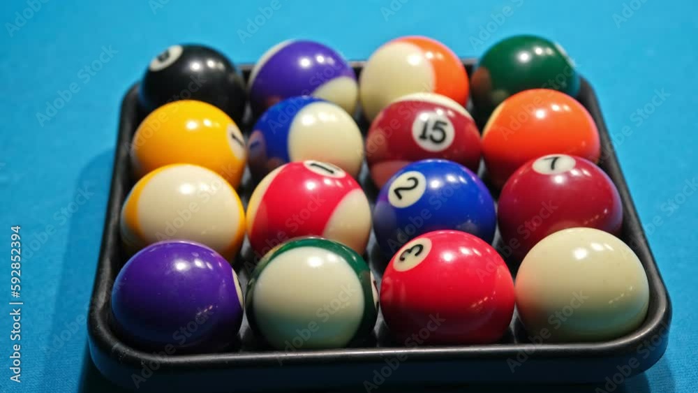 Set of Eightball Game Pool Balls Stored in Rectangular Tray Set of Eightball Game Pool Balls Stored in Rectangular Tray