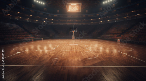 3d render of an empty basketball court with lights and wood floor