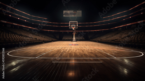 3D rendering of an empty basketball court with lights on the floor