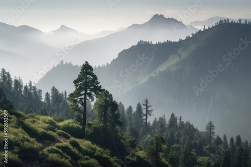 majestic sequoia towering over misty mountain range, created with generative ai