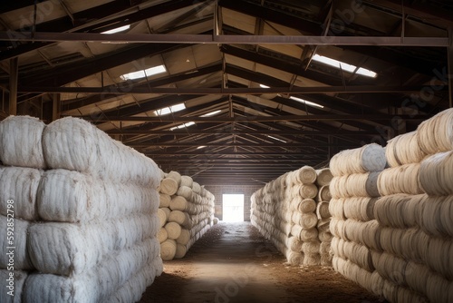 barn full of bales of cotton, ready for processing, created with generative ai