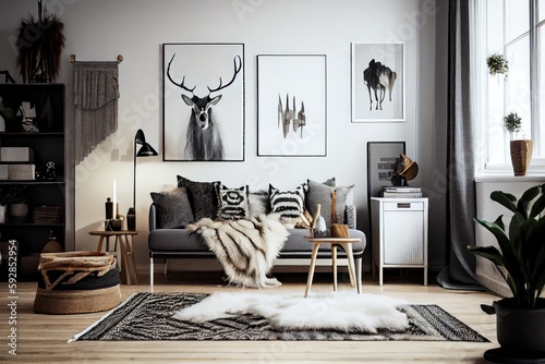 minimalist scandihome with boho accents, such as plaid and faux fur, created with generative ai photo