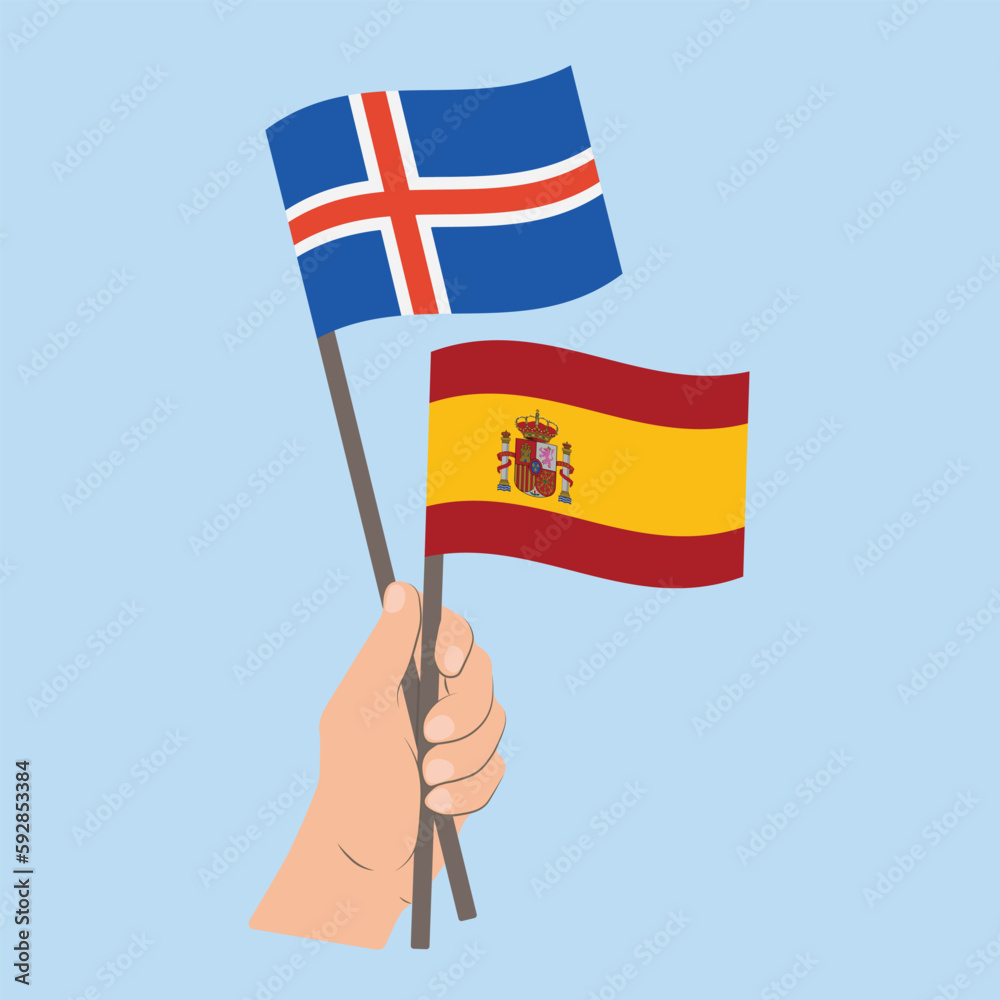 Flags of Iceland and Spain, Hand Holding flags