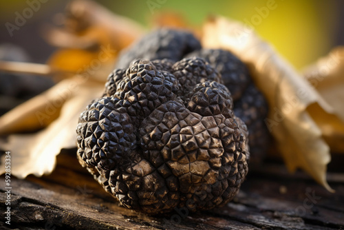 Black truffle on a table, macro, closeup, Generative AI