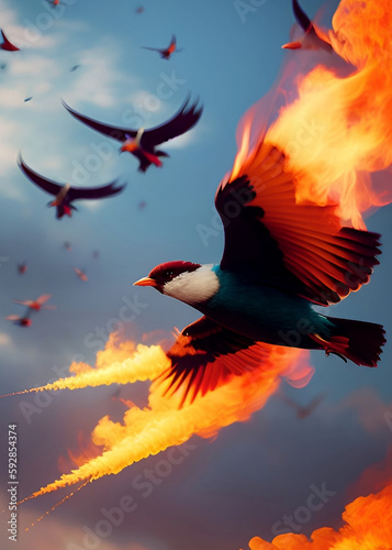 The fantasy burning flying birds in the sky. Generative artificial intelligence tools. © OWNFILTERS_VIDEOS