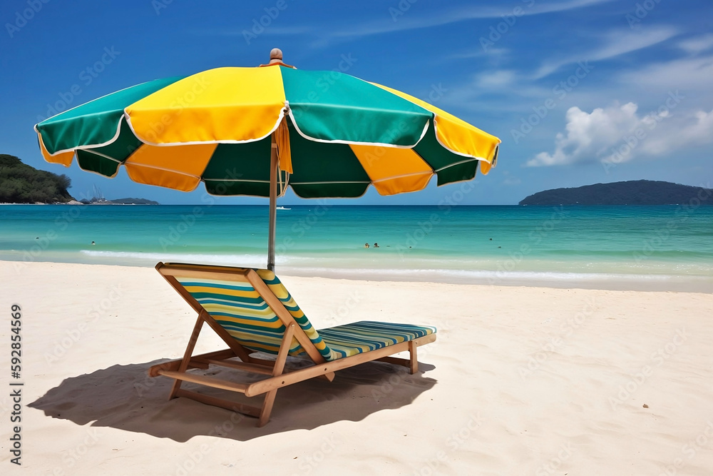 Beach Chair and Umbrella on Sunny Seaside. Travel Concept with Copy Space Beach Chair and Umbrella on Sunny Seaside. Travel Concept with Copy Space