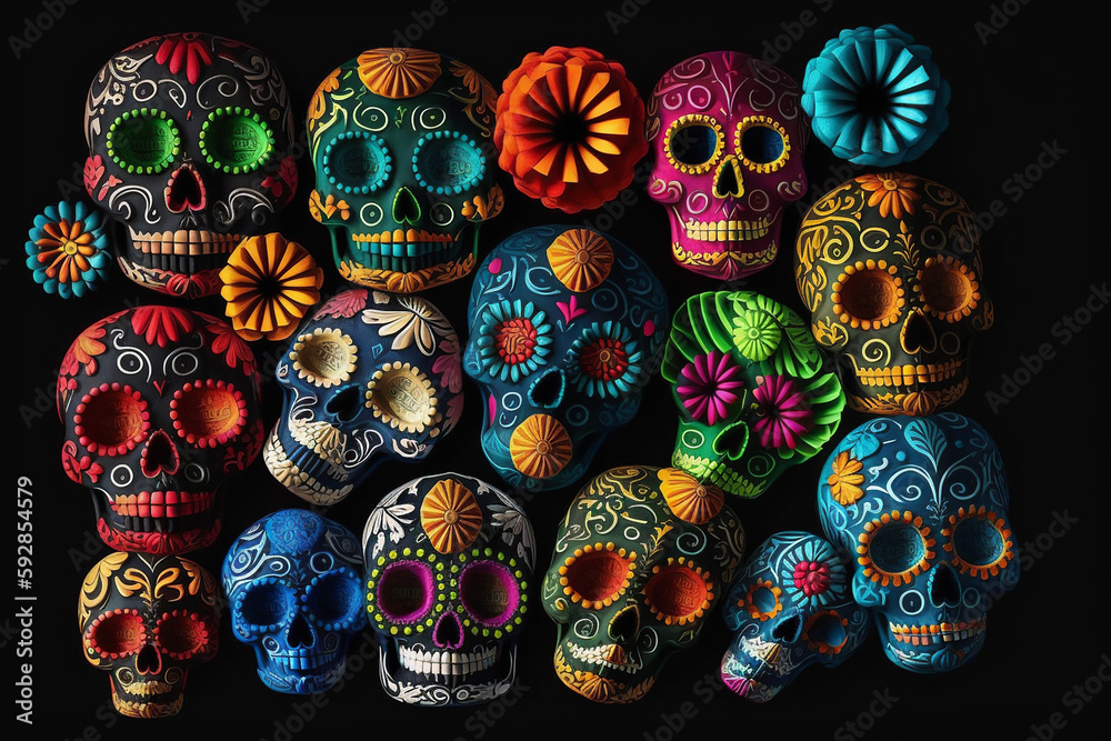 Pattern of Mexican-style skull painted lie on a black background with pumpkins, Halloween concept, Day of all the dead, ai generation