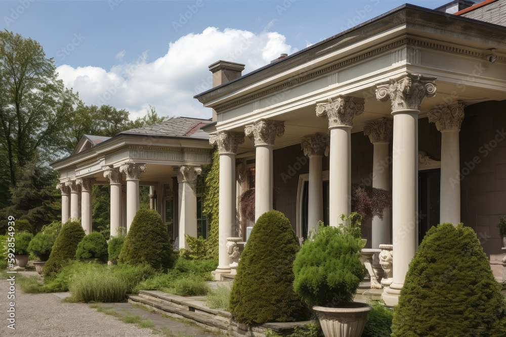classical-style house with verandas, columns and classical urns ...