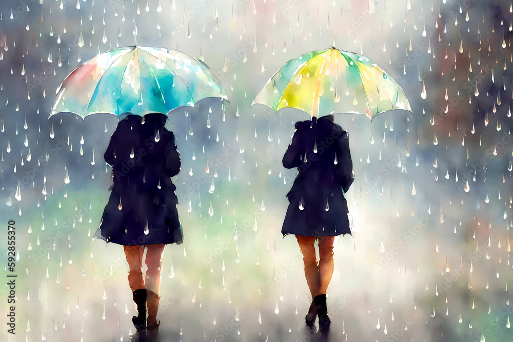 Two girls walking with umbrellas in the rain. generative AI