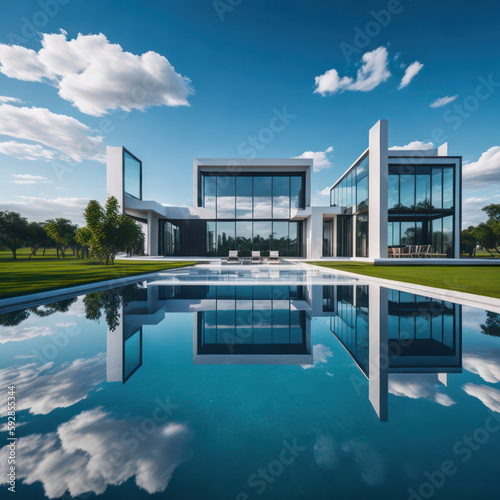 Modern villa and a luxurious infinity pool  photorealistic generative AI illustration