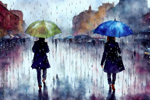 雨降りの街 傘をさして歩くふたりの女の子 Two girls walking with umbrellas on a rainy street.generative AI photo