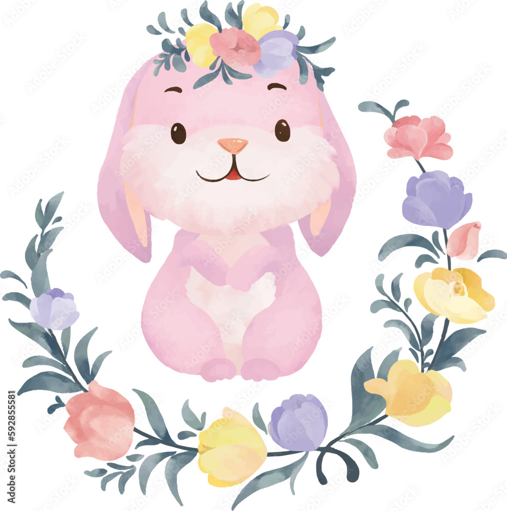 Watercolor illustration lovely rabbit with flower