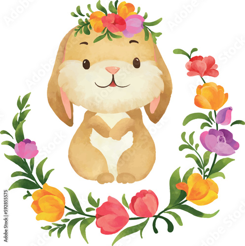 Watercolor illustration lovely rabbit with flower